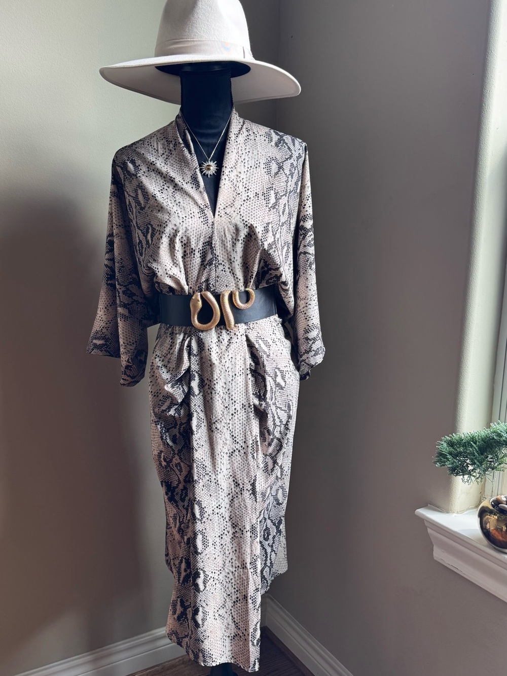 Taupe & Black Snake-Print Wrap Midi Dress